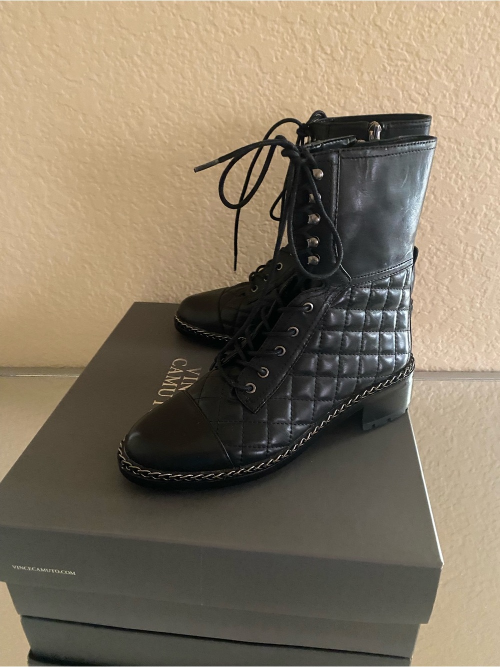Vince Camuto Black Quilted Lace-Up Chain-Trim Ankle Boots